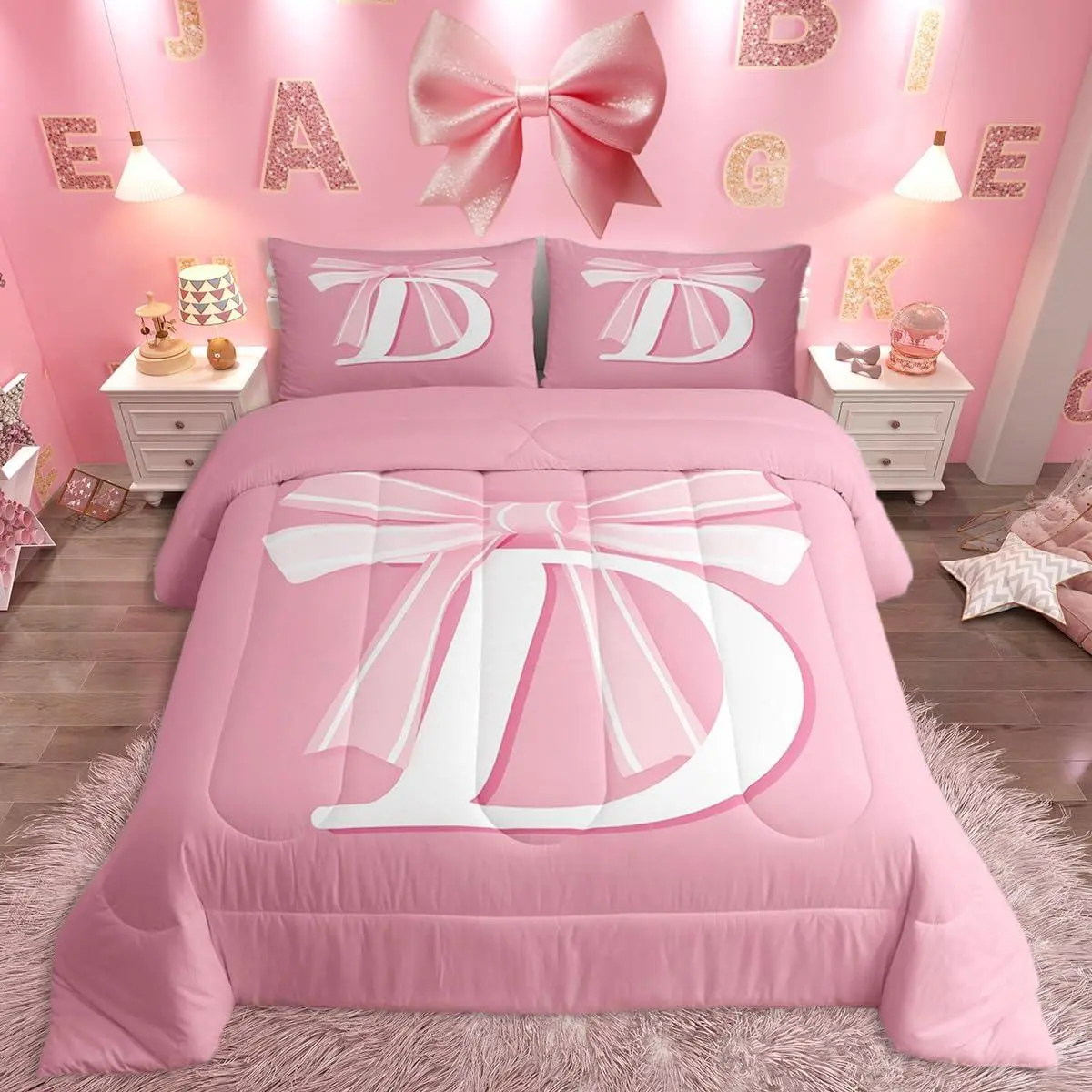 Pink Bow Bedding Set,Gifts Women,,Decor Ultra Soft Monogrammed Bedding Set,Initial Letter D Comforter Kawaii Pink,Duvet Set Room Decor Unique Quilt Set