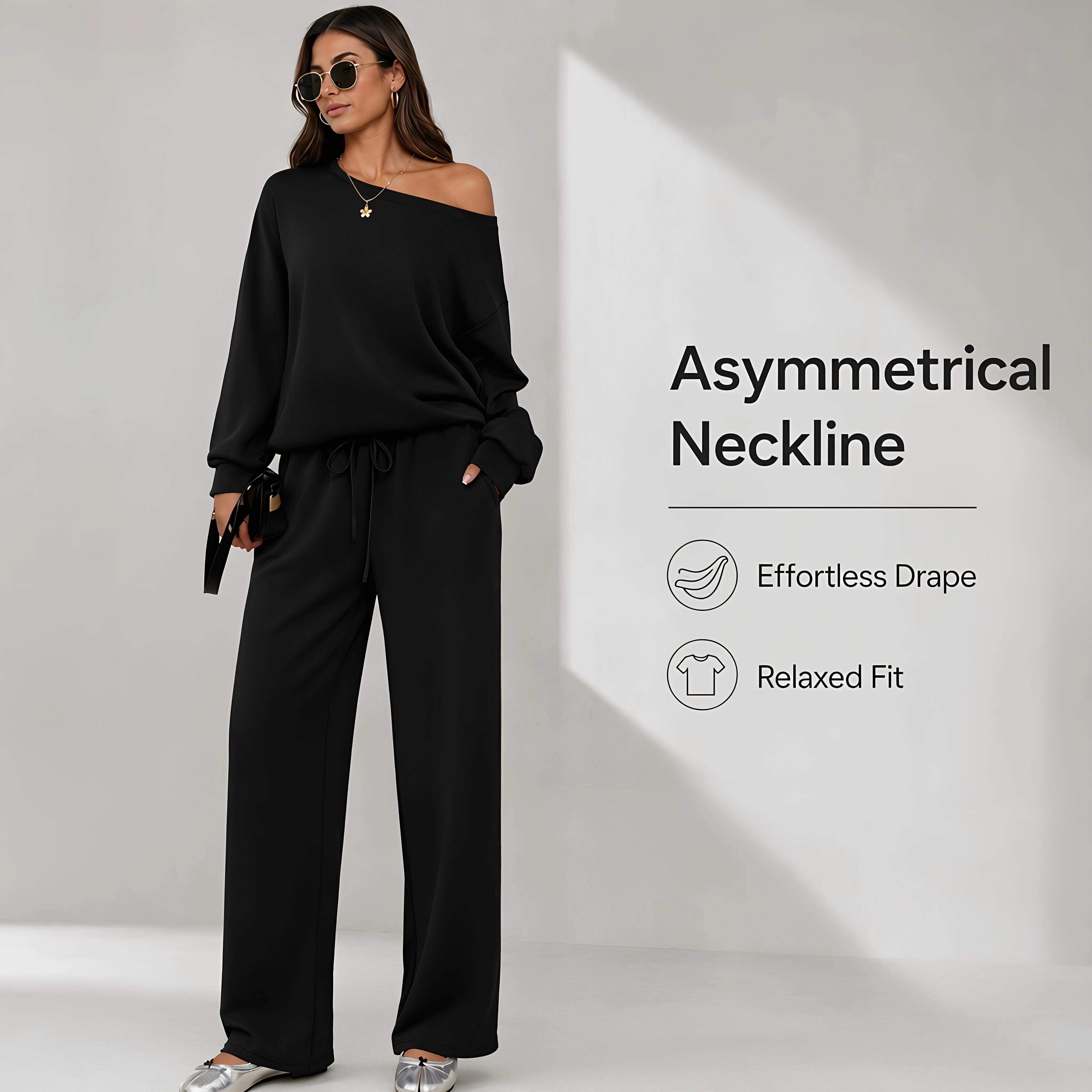 2026 Autumn Women's Leisure Solid Color Sloping Shoulder Long Sleeve Top & Wide Leg Trousers Co-ord Set & Separates, Minimalist Scoop Neck Loose Outfits, Casual Womenswear, Silky, Classy, Soft, Style, Spandex, viscose, Loose Fit, Women 2 Piece Sets, Plain