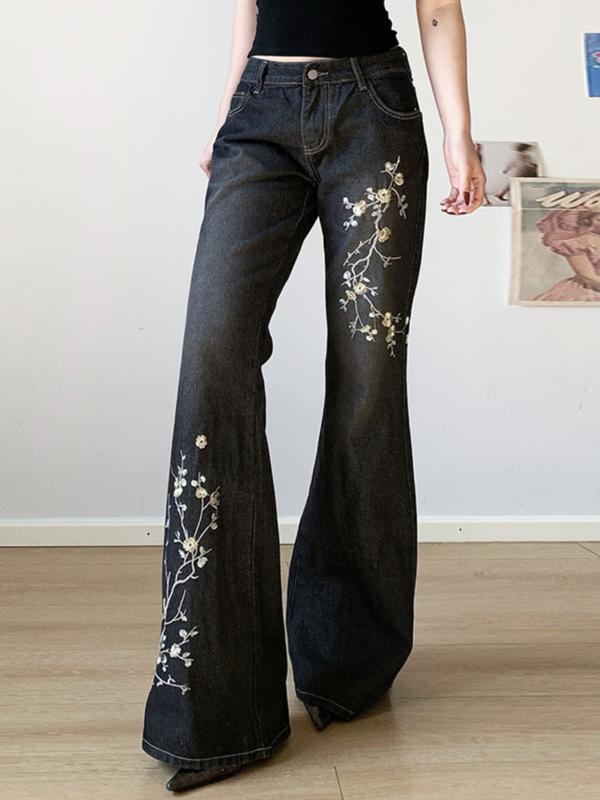 Emmiol Women’s Embroidered Bell Bottom Jeans – Stretchy Flared Mid-Rise Vintage Denim, 90s Y2K Retro Jeans with Floral Embroidery, Soft Stretch Fabric, and High-Comfort Fit