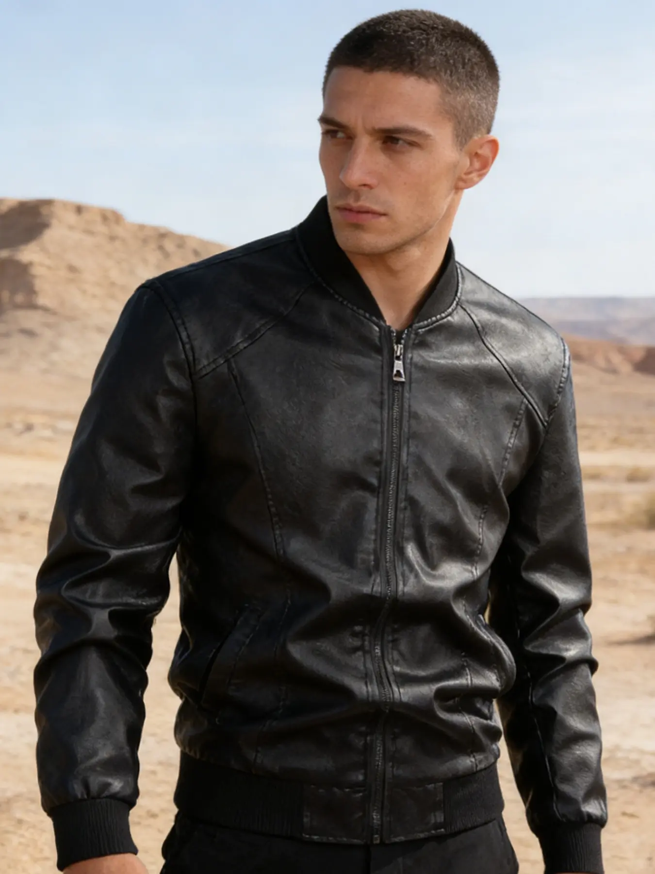 Men's leather jacket slim fit fashionable style high-quality fabric brand jacket black, solid color PU leather jacket motorcycle suit, all season casual long sleeved baseball knit collar outerwear, fashionable men's daily wear and outdoor sports cycling