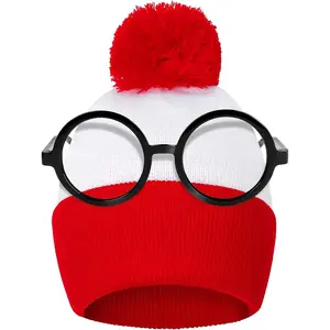 P-CPA016    Kids Pom Pom Cuff Beanie with Costume Wizard Nerd No Lenses Glasses