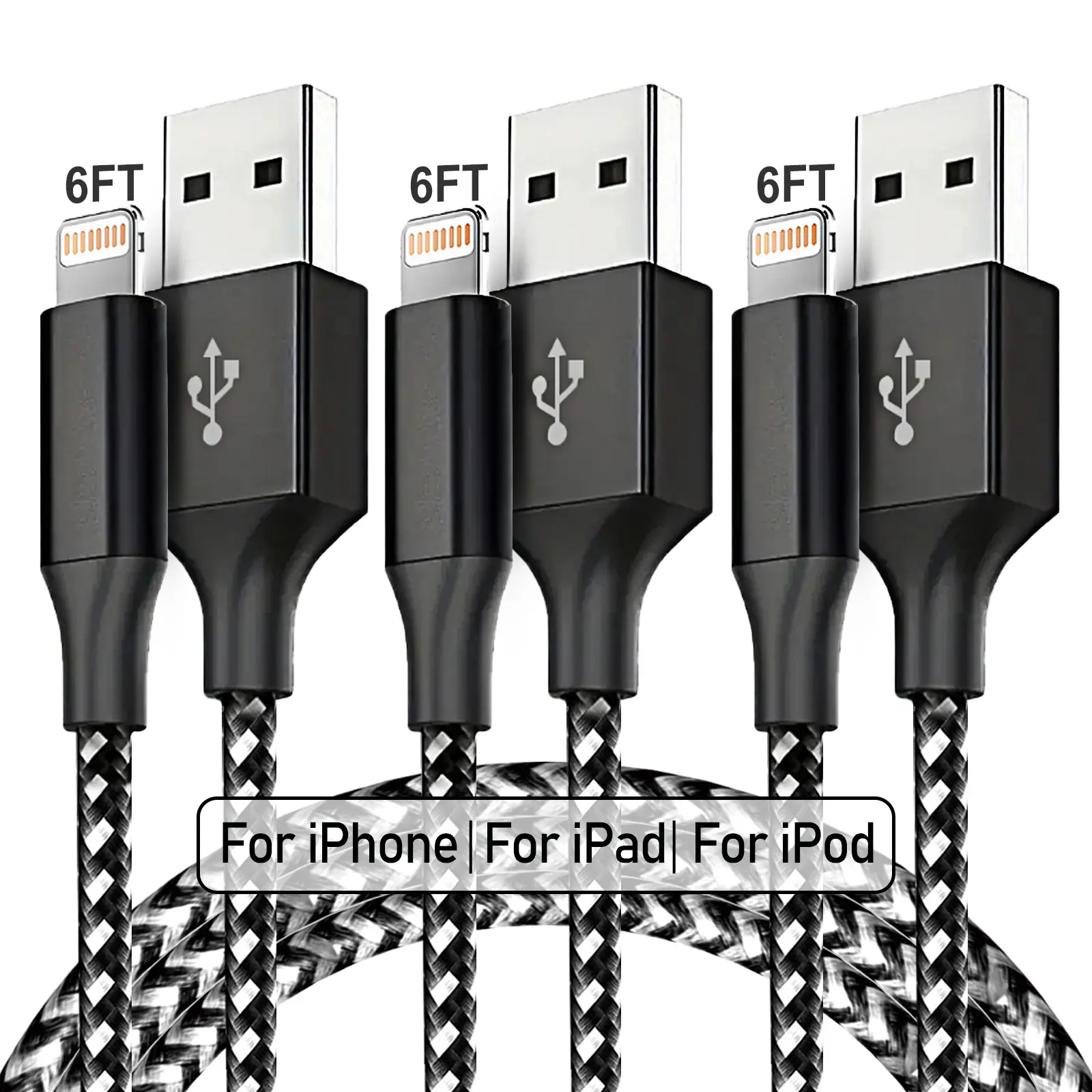 3-Pack Apple Mfi Certified 6ft USB-A to Lightning Cables, Data Sync Cable, Durable Nylon Braided Charger for iPhone & iPad, Fast Charging Accessory Set, IOS Connector, Lightning Cord