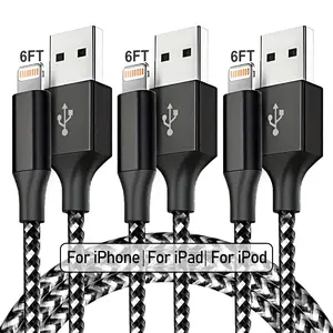 3-Pack Apple Mfi Certified 6ft USB-A to Lightning Cables, Data Sync Cable, Durable Nylon Braided Charger for iPhone & iPad, Fast Charging Accessory Set, IOS Connector