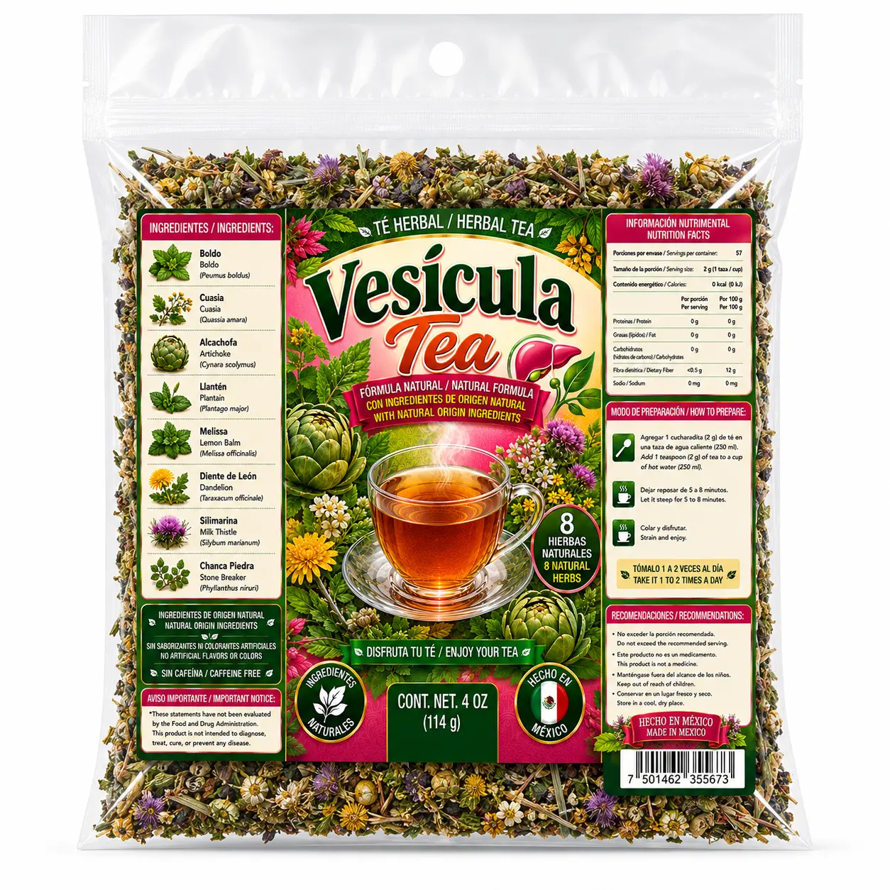 Viral Vesicula Compuesto Herbal Tea Premium 4oz (114g) – 100% Natural Herbal Infusion – Hecho en Mexico – Makes 40+ Cups – Herbal Mixture for Comfort – Té para la Salud Vesicular  – Non-GMO | No Cafeína