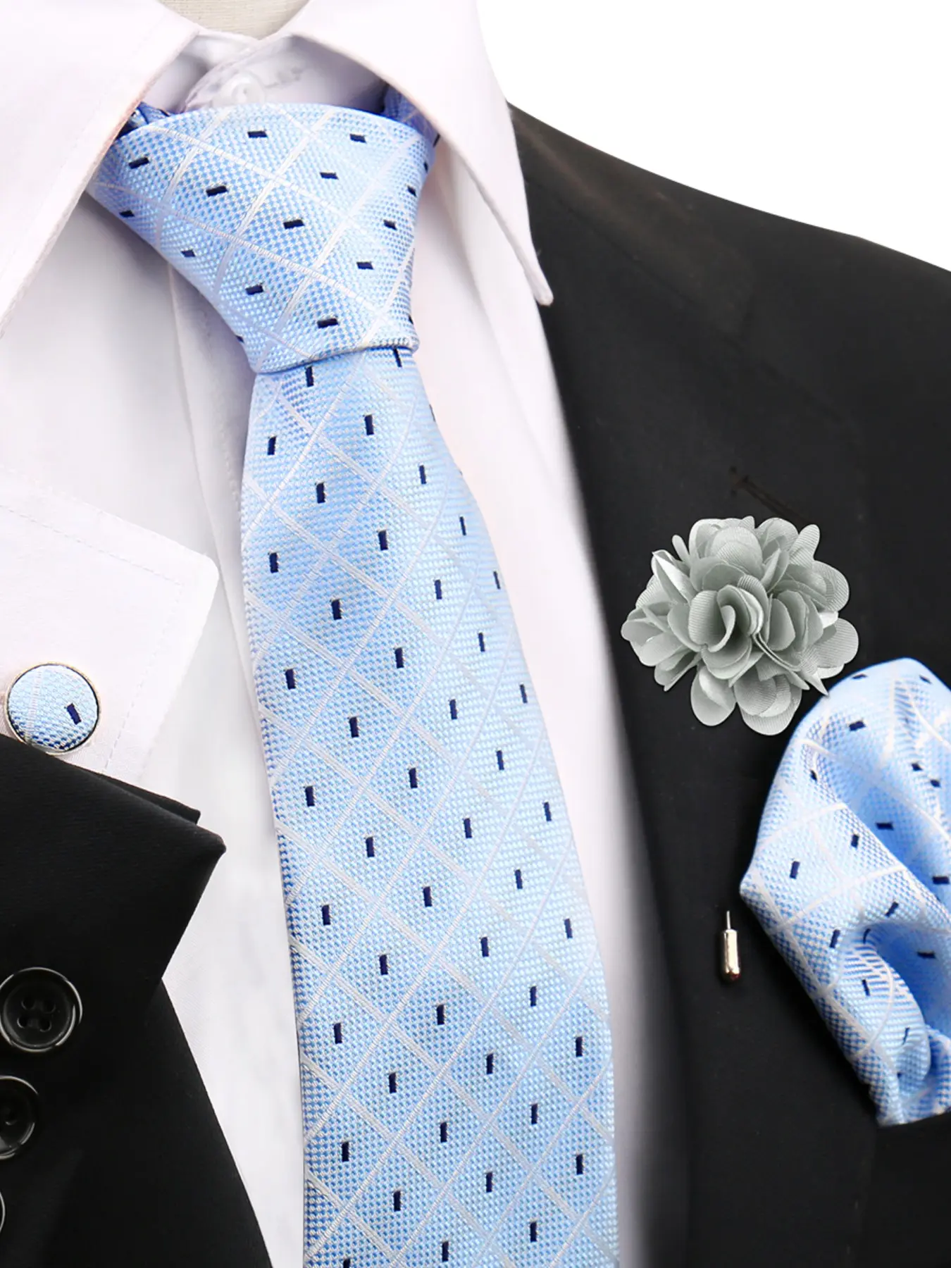 Men's Business Casual Striped Polka Dot Tie Hankerchief Cufflinks Brooch Set, All Season Woven Fabric Accessories Gift for Weddings Parties
