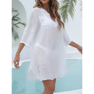 Women's Swimsuit Cover Up Dress, Summer V Neck Solid Color Bathing Suit Cover Up Long Sleeve V-neck With Pocket Shirt Tops White