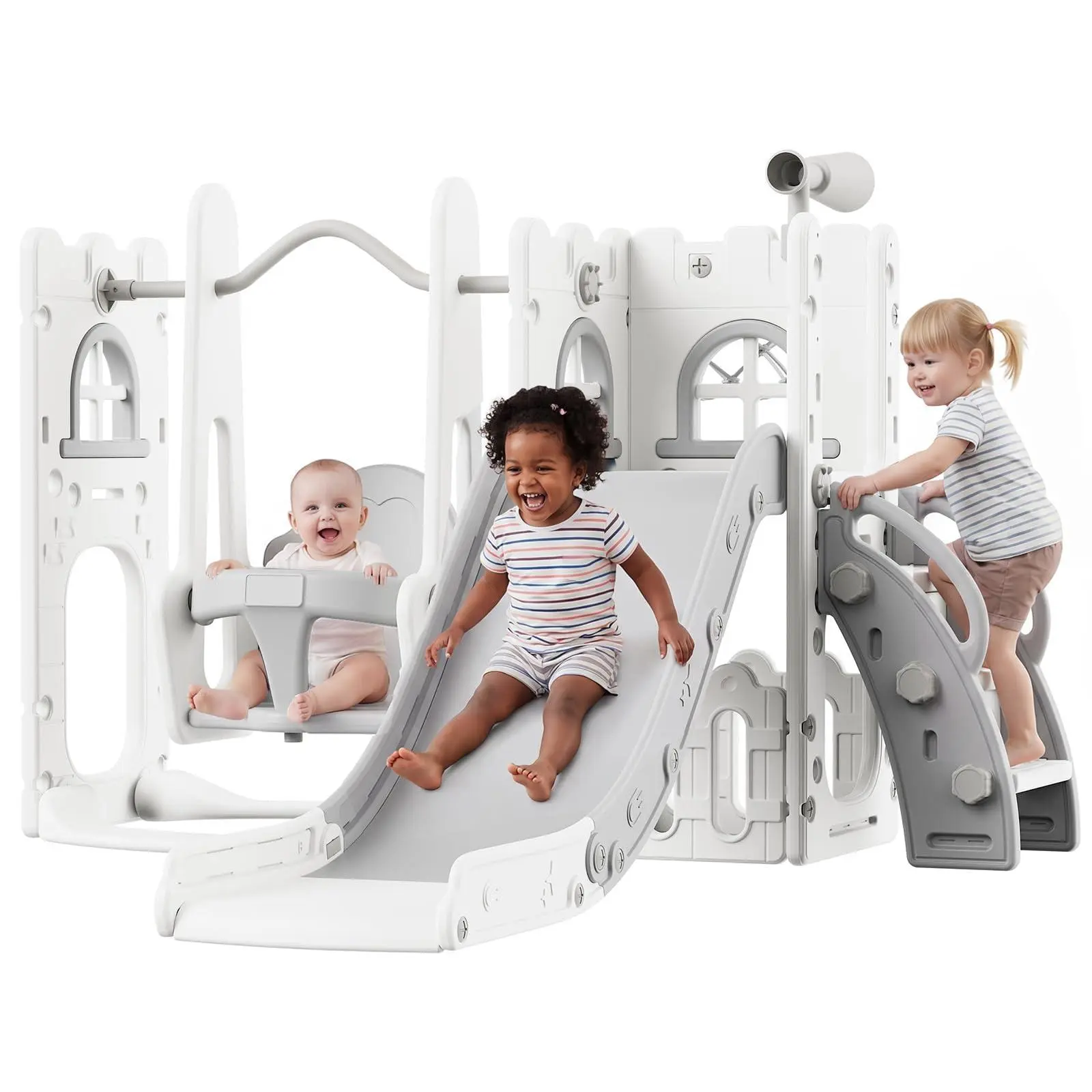 7-in-1 Toddler Slide & Swing Set, Kids Indoor Outdoor Playset, HDPE Climber | Swing & Slide Playset, Ages 1-6, 66 Lb Capacity, Basketball Hoop, Telescope, Storage, Tool-Free Twist-Knob Assembly