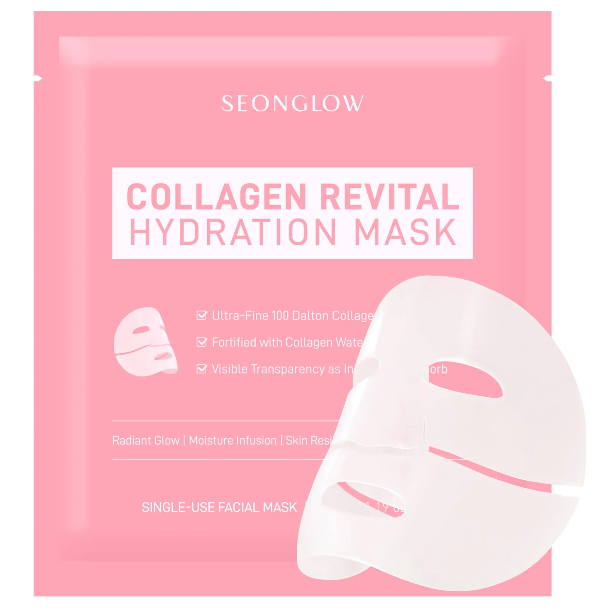 Collagen Hydration Mask, 100-Dalton Ultra-Low Molecular Collagen & Peptide Complex, Deep Hydration, Elasticity & Pore Care, 34g / 1.19 oz (1 Sheet) x 4ea
