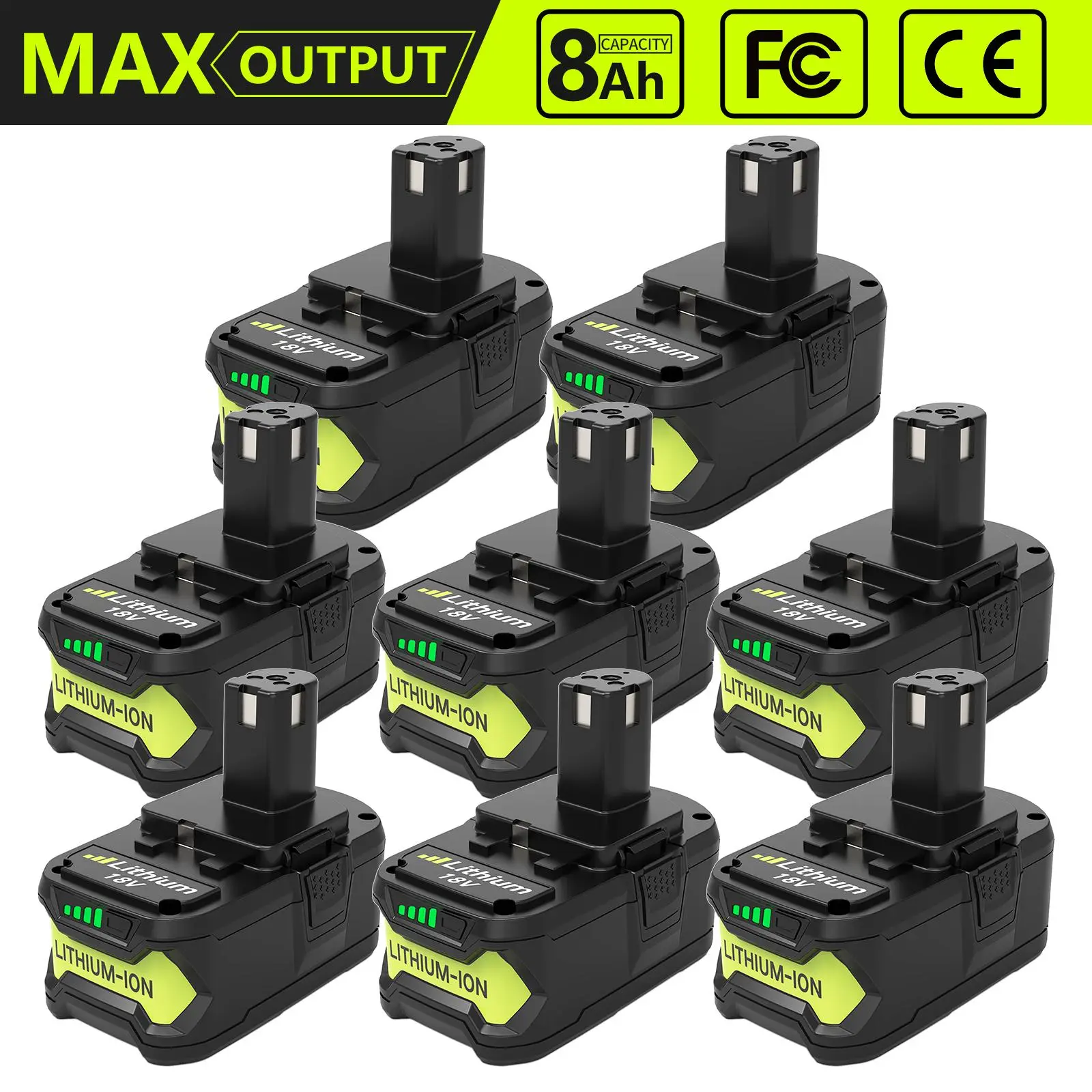 18V 8.0Ah High-Capacity Replacement Lithium-Ion Battery for Ryobi, Compatible with P108 P107 P105 P104 P103 P102 Power Tools, Overload Protected, Shortcircuit Guard, Power Level Light, Cordless Drill Battery, High-Capacity Cordless Tool Accessories