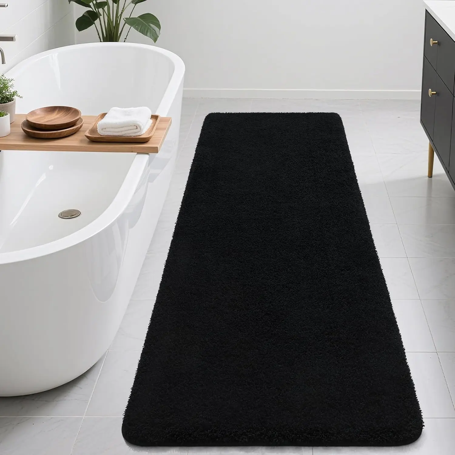 Bathroom Runner Rugs 60x24, Extra Soft and Absorbent Bath Mats, Non-Slip Shaggy Long Bath Rug for Bathroom Floor, Tub and Shower, Machine Washable, Quick Dry, Black