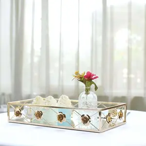 Set of 2 Metal Mirrored Serving Trays 15"x8", 19"x12" Rectangle Gold with Rose Borders - Glamorous Decorative Vanity Tray Centerpiece