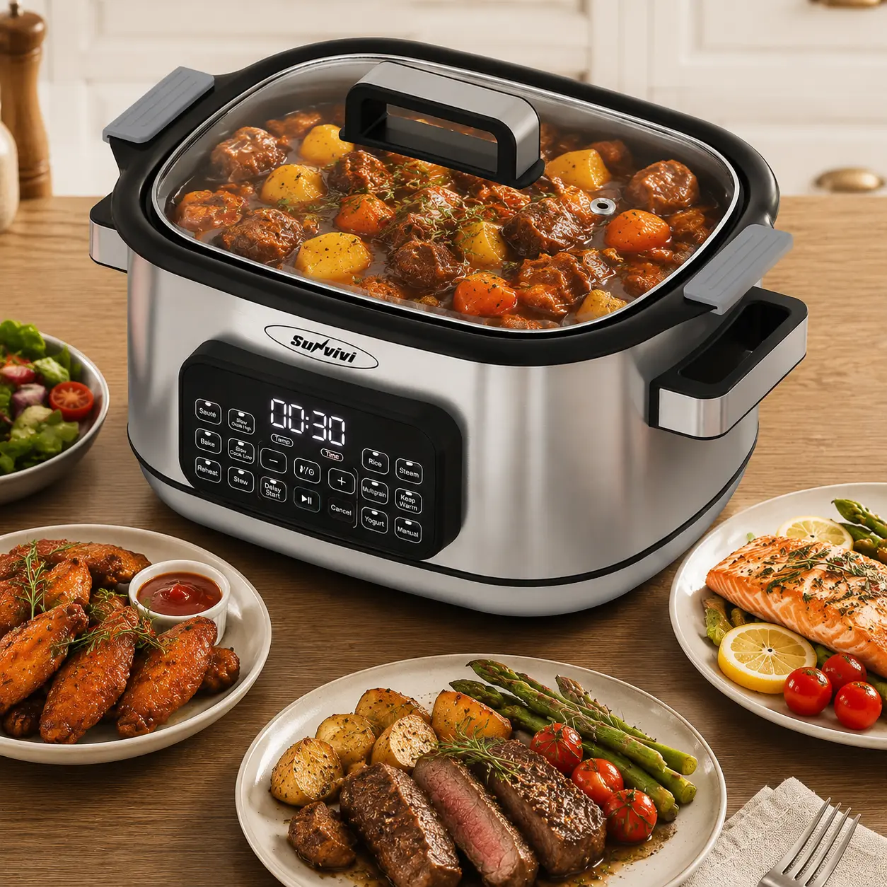 Sunvivi 12-in-1 Instant Multi Cooker Roaster Oven, 6.5QT Silver Digital Crock Pot w/Rack, Large Removable Nonstick Aluminum Pot, Glass Lid, Timer, Temp Control & Delay Start, Household Meal Prep Tool for Stew, Roast, Dump-and-Go Dinners