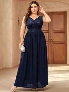 【Plus Size】Missmay YP23098 Women's Plus Size Sequin V-Neck Elegant Comfort Lace Contrast Sleeveless Solid Formal Evening Maxi Party Dress