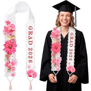 Graduation Lei Class of 2026 - Graduation Ribbon Lei with 2026 Grad Print & Lace Edging, 66'' Pink Hawaiian Flower Necklace for Women Men, Graduation Gifts & Party Accessories for High School College