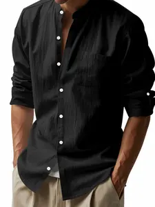 Men's Fashion Casual Plain Long Sleeve Shirt, High-End Skin-Friendly Linen Fabric, 95% Linen 5% Polyester, Breathable Comfort, Spring & Fall