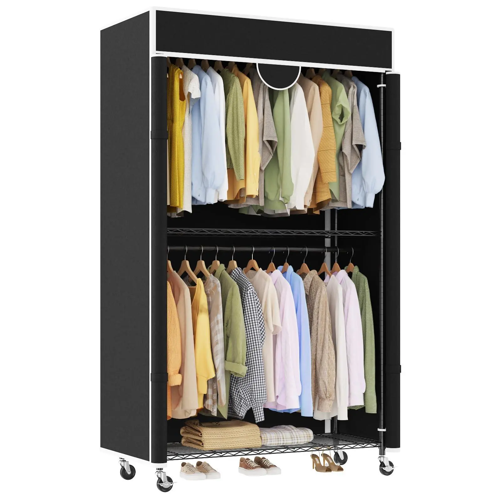 Heavy Duty Clothes Rack with Cover, 485LBS Capacity, Portable Closet Wardrobe on Wheels, Carbon Steel, Dustproof, Tool-Free Assembly, Clothes Racks for Hanging Clothes, for Bedroom, Laundry, Storage