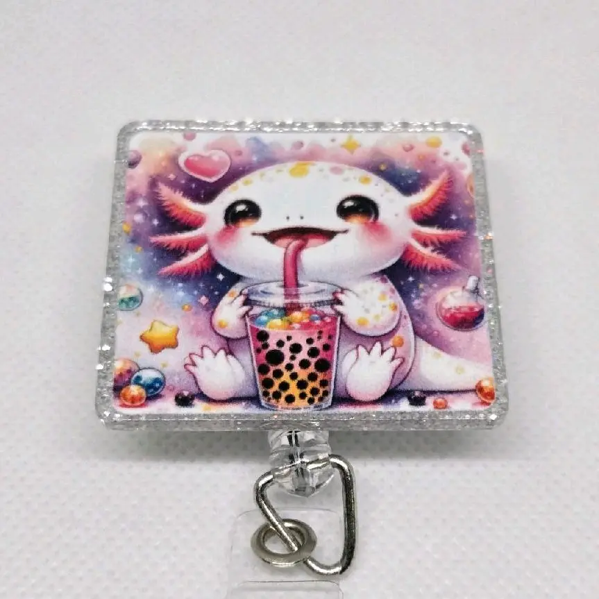 Adorable Axolotl with Drink Glitter Acrylic Retractable Badge ID Reel Belt or Alligator Clip