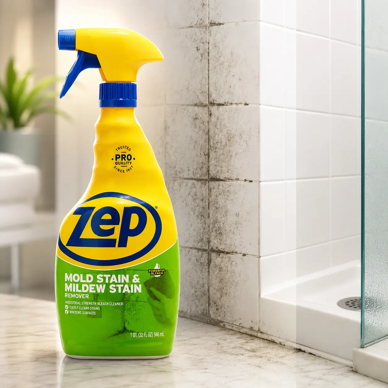ZEP 32 oz (946ml) Liquid Mold and Mildew Stain Remover, Bleach Formula Household Home Cleaning Product, Ready-to-Use for Tile Grout, Tubs, Counters, Shower, Whitens Surfaces, Easy Spray-Scrub-Rinse Summer Safe Cleaner