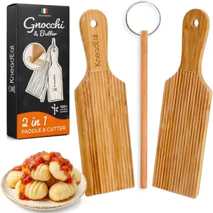 Gnocchi Board and Garganelli Maker Set - Bamboo Pasta Board for Homemade Cavatelli, Includes Pasta Roller, Paddles, and Dough Cutter for Italian Cooking