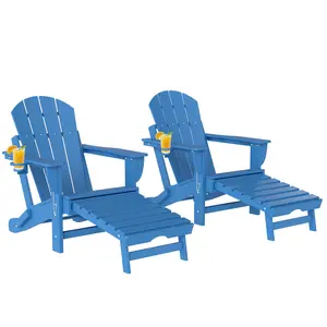 Folding  Chair Set of 2 With Pull Out Ottoman And Cup Holder For Fire Pit Or Camping With Wide Seat And Broad Armrests