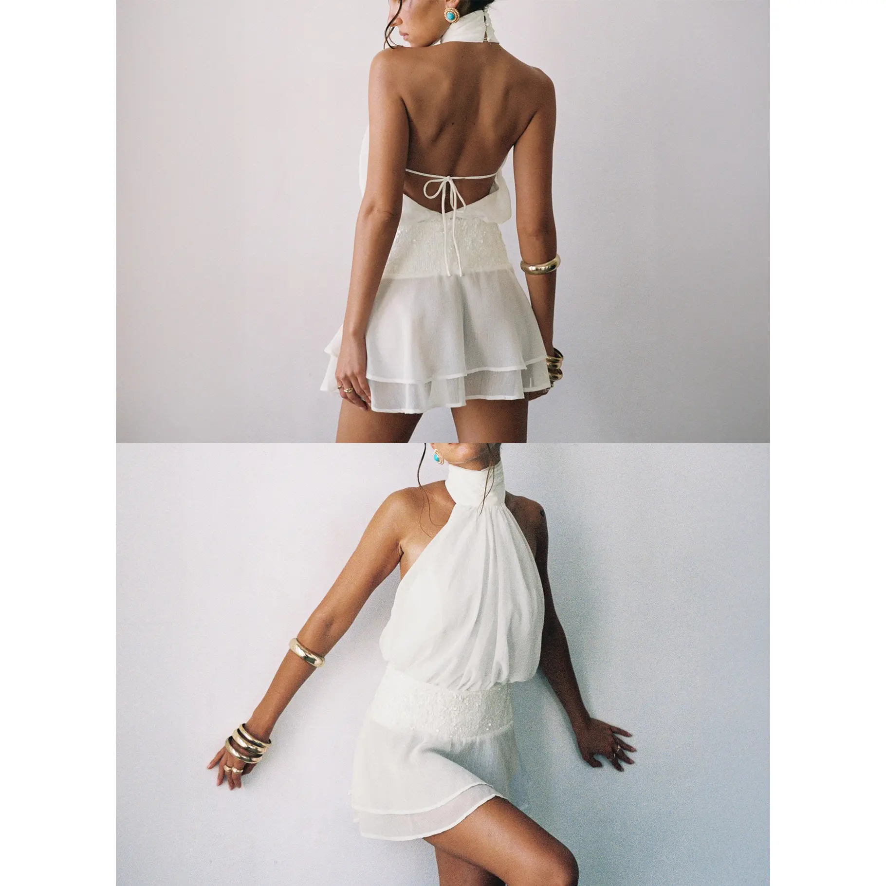 Zenayda Drop Waist Sequin Mini Dress White