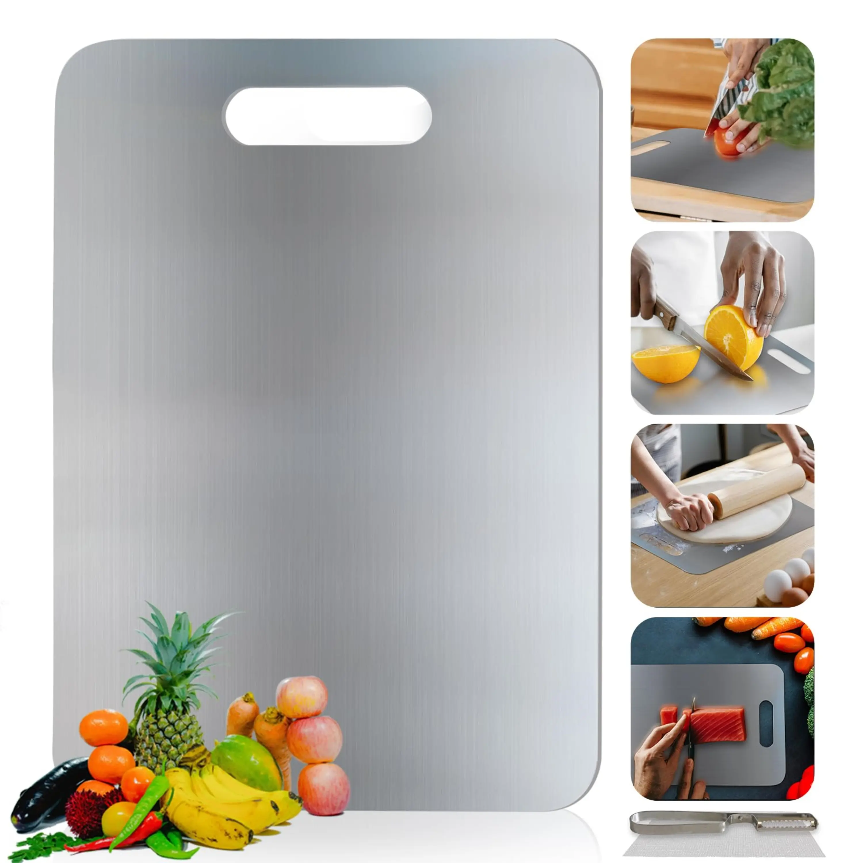 Stainless Steel Dual-Sided Cutting Board Anti-Slip Easy to Clean Kitchen Gadget for Meat Veggies Fruit Durable Hygienic Dishwasher Safe Modern Home Meal Prep Containers Christmas Gift Kitchenware Food Chopping Essential - Knives