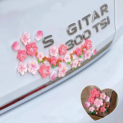 RAVOONY 16Pcs Automobile Painted 3D Depth Effect Cantaloupe & Plum Blossom Car Stickers, Waterproof Seamless Vinyl Decorative Decals, Cute Cartoon Floral DIY Decal Film with Romantic 3D Look for All Year Round Use