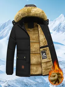 Men's Winter Cotton Jacket - Fur-Lined Hooded Cotton Coat, Soft Polyester Lining, Multiple Pockets, Suitable for Cold Weather - Machine Washable, Men's Winter Mid-Length Warm Outerwear.Gift