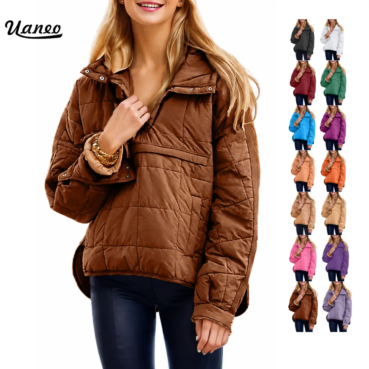 UANEO Women's Oversized Hooded Puffer Jacket Quilted Pullover Dolman Long Sleeve Cozy Lightweight Warm Tops with Big Chest & Side Pockets Casual Outwear