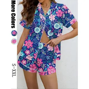 Women's Floral Print Pajama Set, Casual Summer Sleepwear, Soft Shirt Collar Top & Elastic Shorts, Comfortable Home Wear