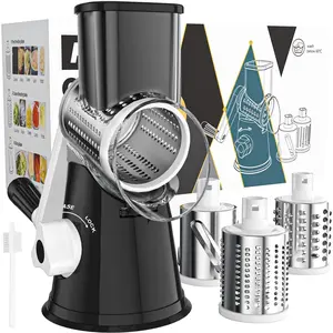 Cambom Rotary Cheese Grater Hand Crank Cheese Shredder for Fresh Cheese, Vegetable, Nuts,Non-Slip Suction Base, Free Cleaning Brush Three Blades, Black Cambom