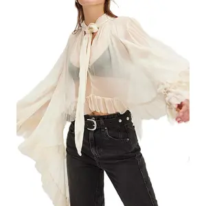 Womens Sheer Ruffle Trim Blouse Long Sleeve Self Tie Neck Going Out Top
