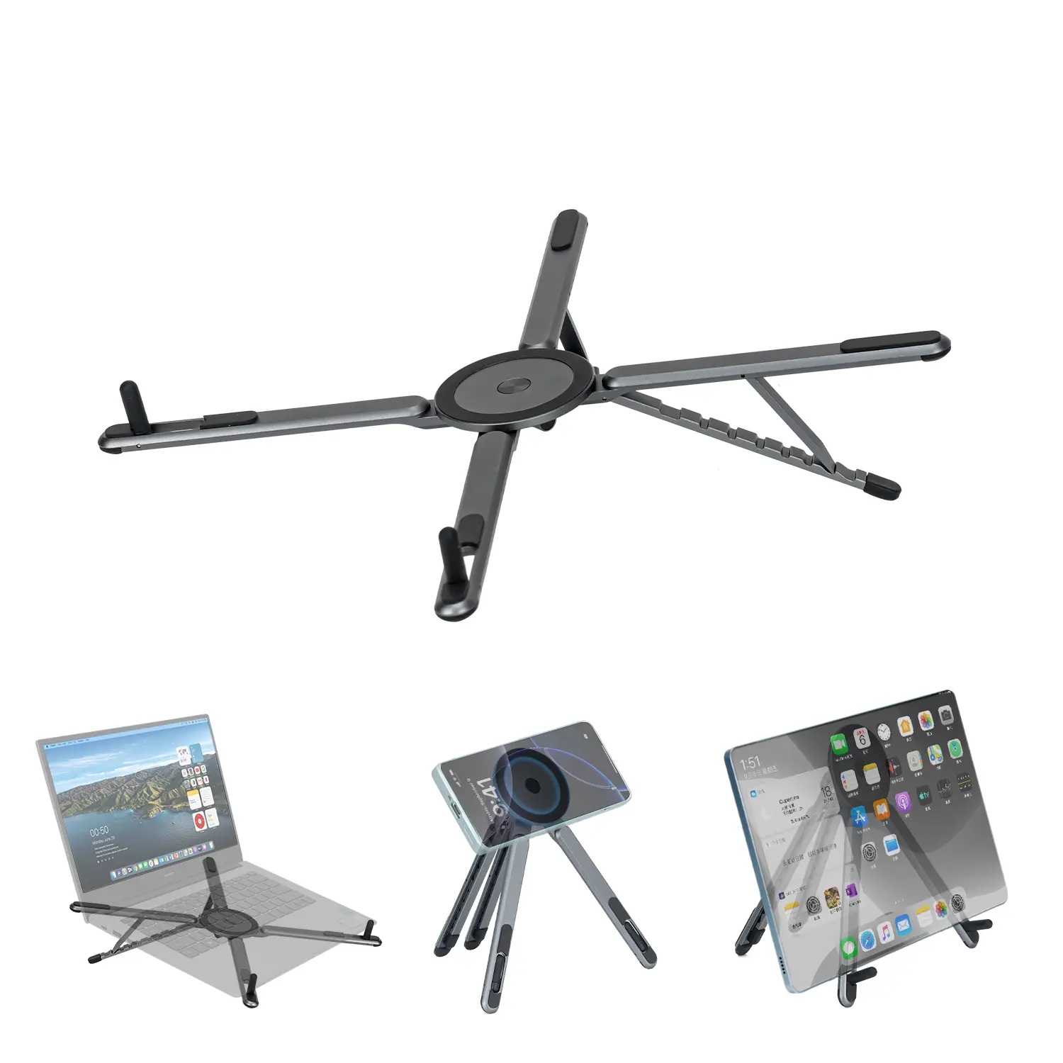 Portable Laptop Stand for Desk & Travel, CNC Aluminum Foldable Computer Riser Magnetic Grip Multi-Angle Support Stand for MagSafe,MacBook,iPhone,iPad, 4–16" Phones,Tablets and Laptops