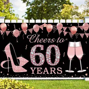 Party Backdrop 60th Birthday Decorations Cheers to 60 Years Banner, Rose Golden 60 Year Old Birthday Backdrop Party Supplies for Women, Sixty Birthday Poster Sign Perfect Gift for Parents Friends Party Planners Polyester Banner