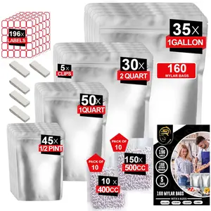 160 Mylar Bags with 160  Absorbers-196 Labels & Stand-Up  4 Sizes Airtight Smell Proof Resealable Bags with 5 Clips-11 MIL  Storage Large Mylar Bags