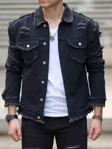 Men's Solid Raw Trim Ripped Design Denim Jacket, Loose Casual Fashion Long Sleeve Open Front Outerwear for Daily Wear, Men's Clothing for All Seasons, Coats, Cotton, Menswear