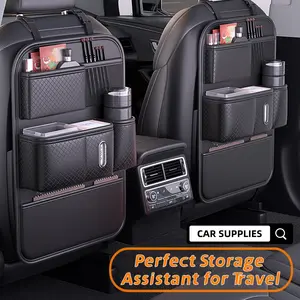 Universal Car Backseat Organizer with Tissue Box - Durable Black Leather Seat Back Storage Bag with Pockets for Phone, Bottle, Umbrella - Scratch-Resistant Car Interior Accessory