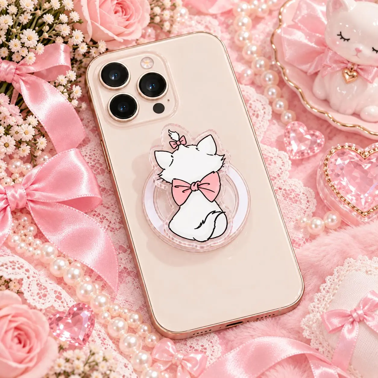 The Aritocats Pink Cherry Bow MagSafe Phone Grip – Cute Mary Cat Acrylic Phone Holder with Kickstand, Coquette Cartoon Accessory, Girly Gift for Women