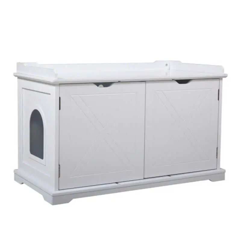 Cat Washroom Bench Wood Litter Box Cover with Spacious Inner Ventilated Holes Removable Partition Easy Access White