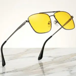 Men's Night Driving Pilot Sunglasses, Yellow Lens, Double Bridge Gunmetal Metal Frame, UV400 Anti-Glare Night Vision Shades for Driving, Fishing