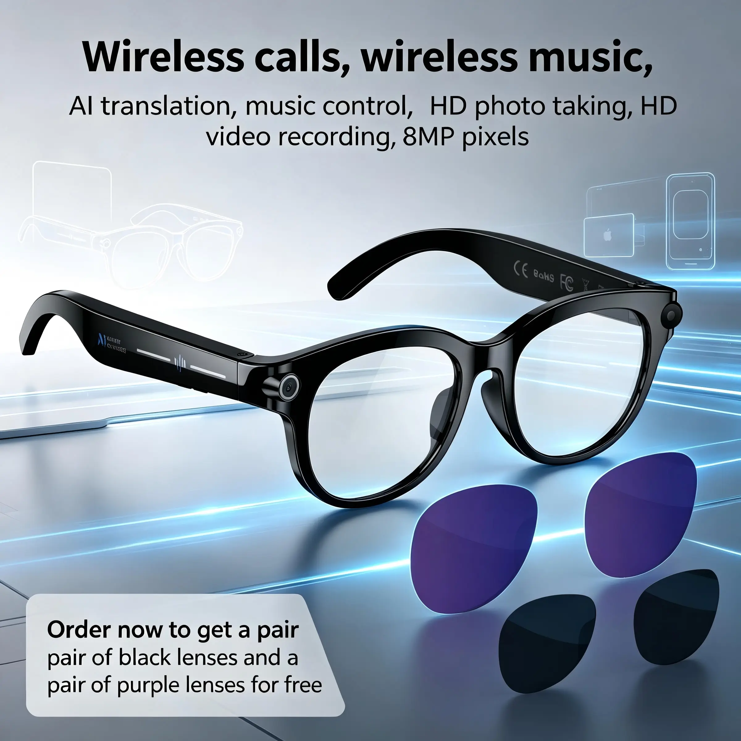 Wireless Bluetooth AI Smart Wearable Glasses for Men - 2MP Camera, 2 Lenses, 39g Lightweight, 290mAh Battery, AI Translation, Voice Assistant, Hands-Free Calling, Music Control, Hands-Free Recording Glasses
