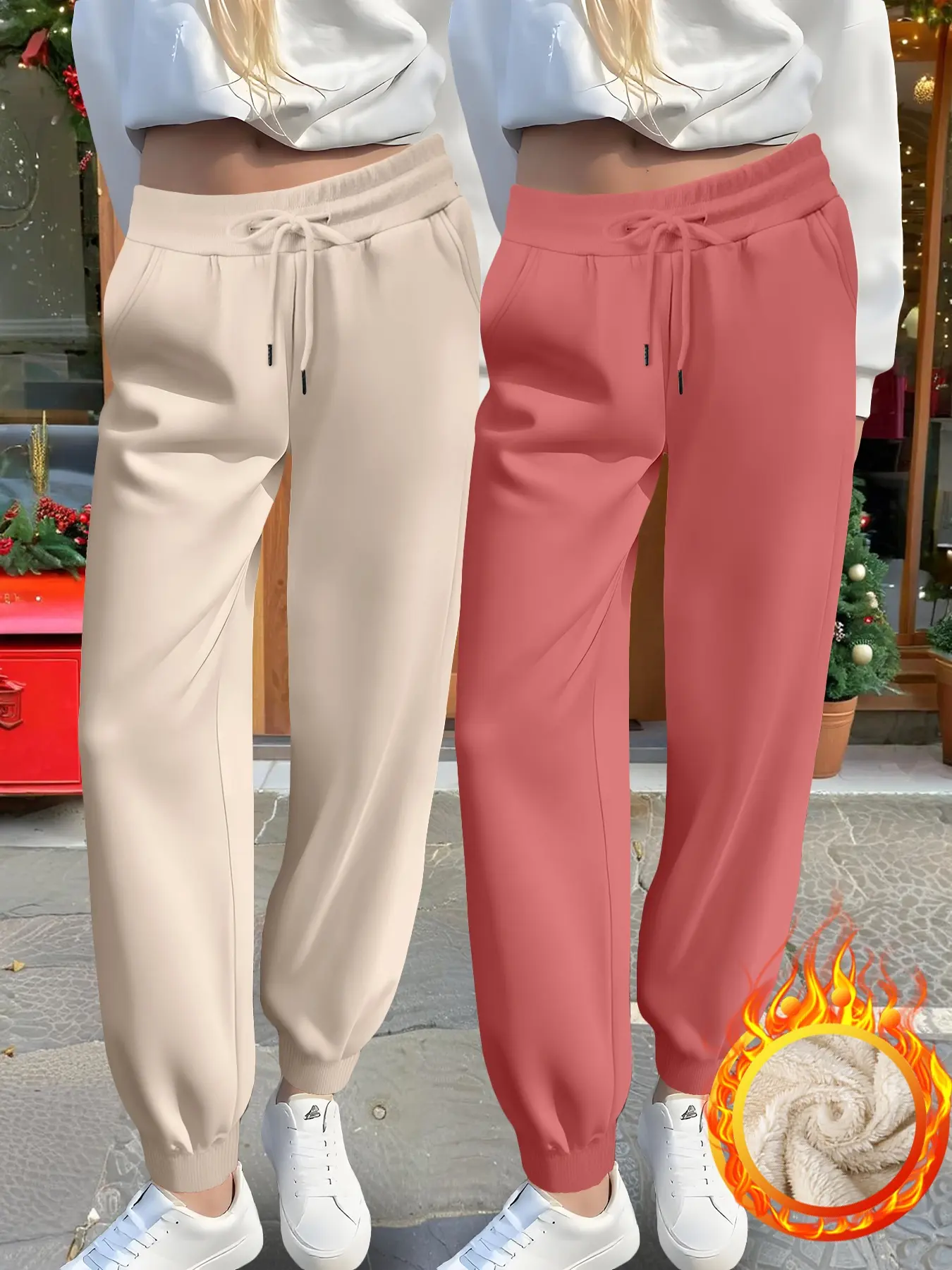 Women's Casual Fitted Cut Joggers, Thick Lamb Wool Sweatpants, Fall & Winter Warm Pants, 2 Pack Solid Color Tracksuit Bottoms, Jogging Pants