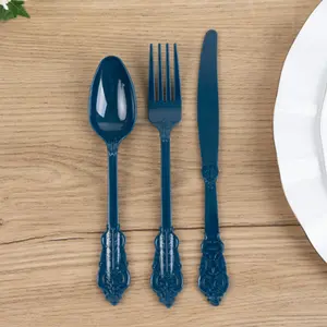 72 Pcs Plastic Silverware Set Navy Blue in Baroque Style - Heavy Duty Disposable Knife, Fork, and Spoon Set
