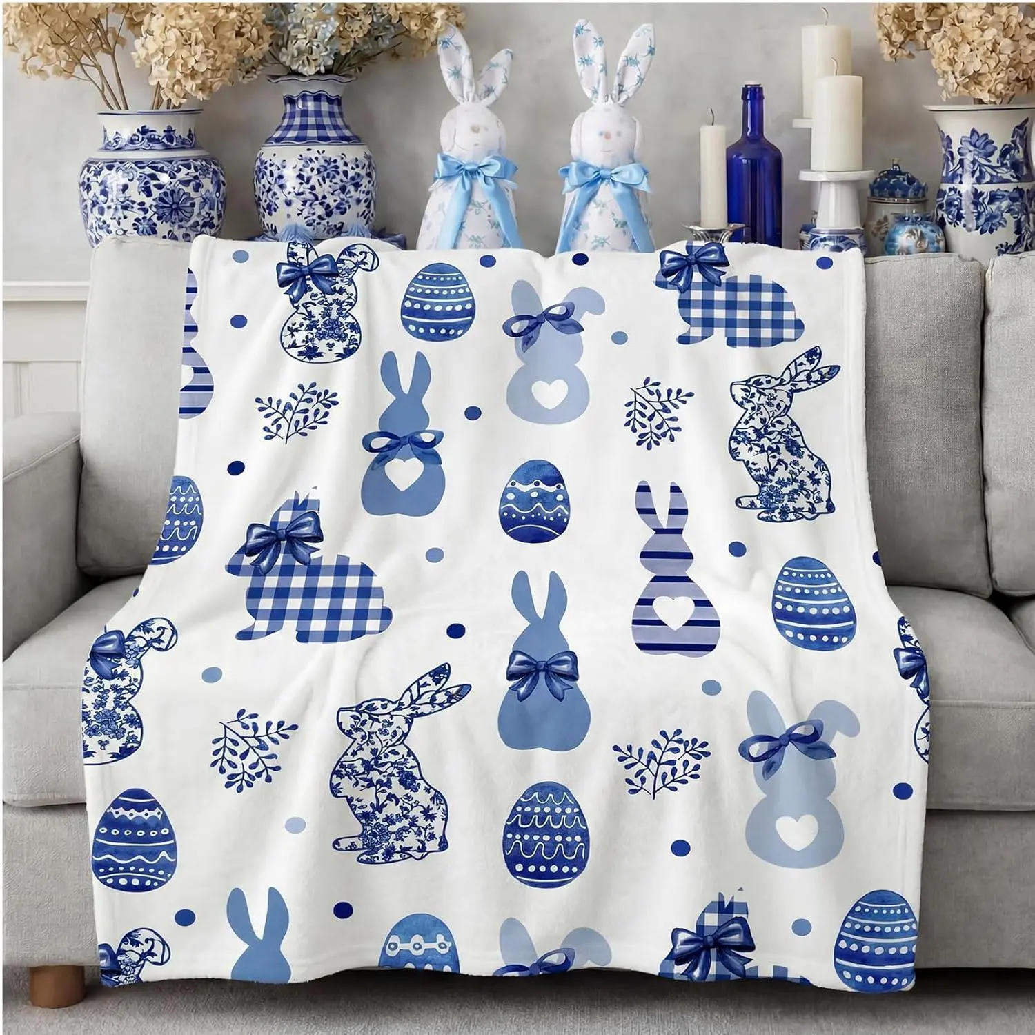 Flannel Blanket | Easter Chinoiserie Throw Blanket Coquette Bunny Egg Flannel Blanket Grandmillenial Blue And White Bunny Decor Soft Cozy Gifts For Couch Bed Chair Spring Farmhouse Home Office Decor | Gift Blanket / All Season