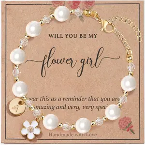 X-HBL03  Personalized Flower Girl Proposal Gifts, Will You Be My Flower Girl ? Initial A-Z Cute Shell Pearl Bracelet for Girls