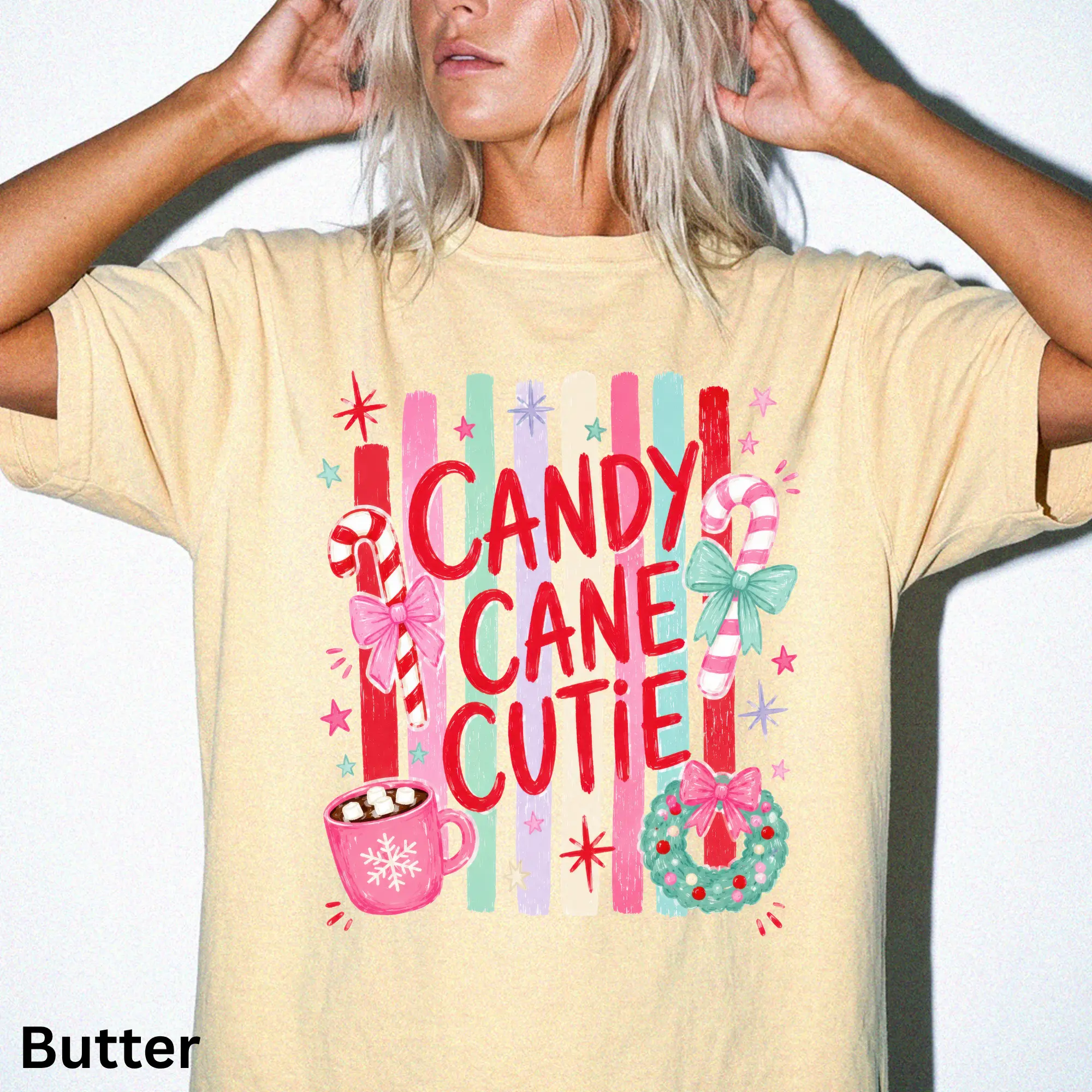 Women's Soft Unisex Print Round Neck Oversized-Boxy Crewneck Top - Candy Cane Cutie Sweatshirts