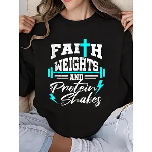 Women's Christian Workout Fitness Weightlifting Body Building Gift Crew Neck Long Sleeve Sweatshirt with Inspirational Print Motivational Gym Apparel for Women