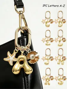 Gold Bubble Letter A-Z Keychain For Women, Cute Alphabet Initial Charm Decorated With Starfish And Seashells, Shiny Metal Letter Key Ring, Personalized Bag Charm, Handbag Backpack Purse Hanging Accessory, Car Keychain Decoration. Ideal For Daily Use,