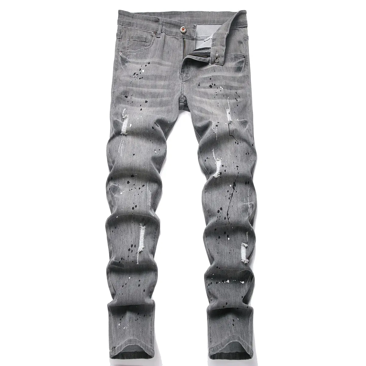 XIMXIMMTIAN Men's Cotton Basic Distressed Slim-Fit Straight Stretch Jeans - Ripped Water-Washed Dark Gray Retro Biker Pants, Breathable 5-Pocket Button Fly Bottoms for Casual Street Fashion (Cold Wash Recommended)