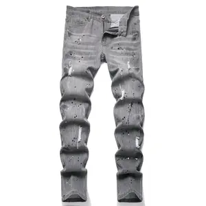 XIMXIMMTIAN Men Ripped Jeans Distressed Slim Fit Designer Street Fashion Straight Stretch Water Washed Casual Dark Gray Retro Biker Denim Pants